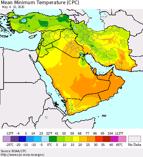 Middle East and Turkey Mean Minimum Temperature (CPC) Thematic Map For 5/4/2020 - 5/10/2020