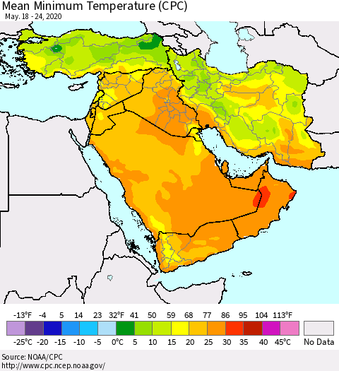 Middle East and Turkey Mean Minimum Temperature (CPC) Thematic Map For 5/18/2020 - 5/24/2020