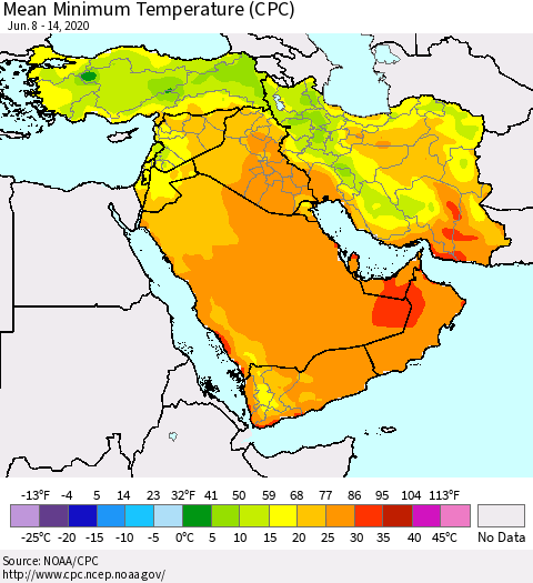 Middle East and Turkey Mean Minimum Temperature (CPC) Thematic Map For 6/8/2020 - 6/14/2020