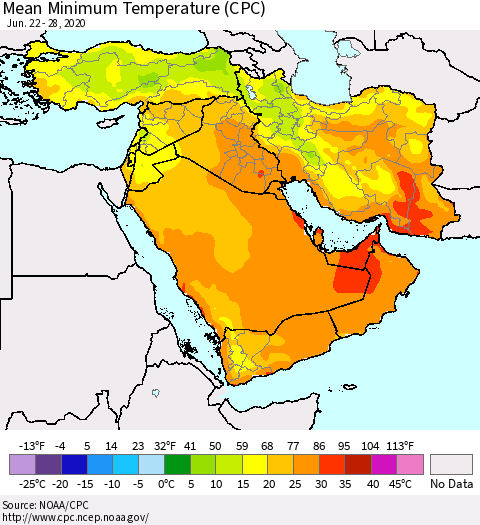 Middle East and Turkey Mean Minimum Temperature (CPC) Thematic Map For 6/22/2020 - 6/28/2020