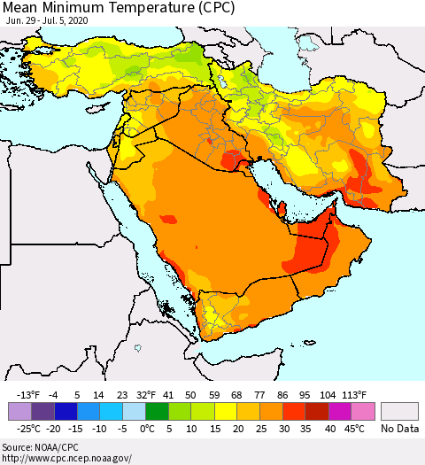 Middle East and Turkey Mean Minimum Temperature (CPC) Thematic Map For 6/29/2020 - 7/5/2020