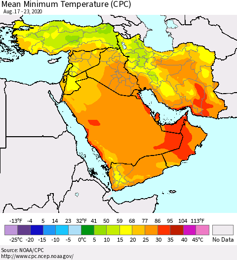 Middle East and Turkey Mean Minimum Temperature (CPC) Thematic Map For 8/17/2020 - 8/23/2020