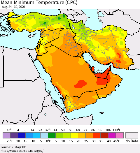 Middle East and Turkey Mean Minimum Temperature (CPC) Thematic Map For 8/24/2020 - 8/30/2020