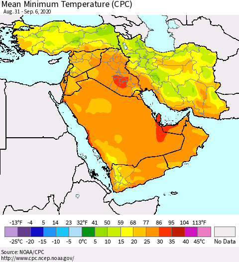 Middle East and Turkey Mean Minimum Temperature (CPC) Thematic Map For 8/31/2020 - 9/6/2020