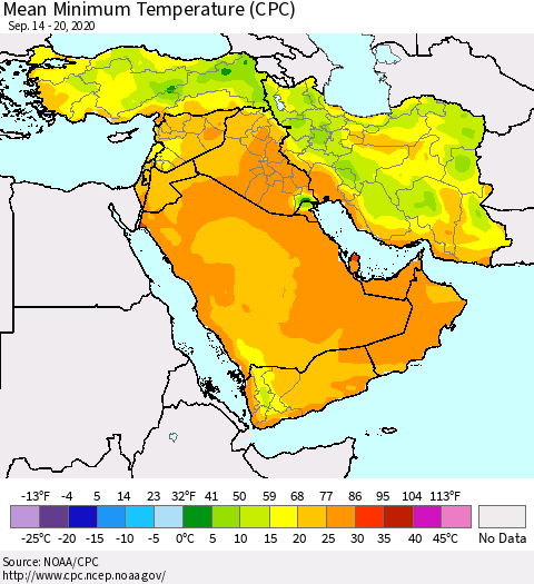 Middle East and Turkey Mean Minimum Temperature (CPC) Thematic Map For 9/14/2020 - 9/20/2020
