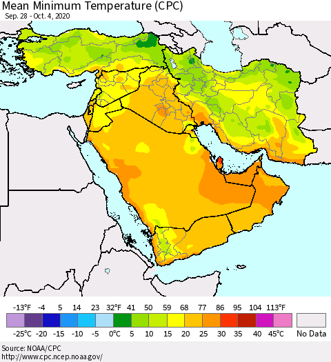 Middle East and Turkey Mean Minimum Temperature (CPC) Thematic Map For 9/28/2020 - 10/4/2020