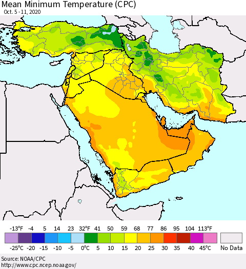 Middle East and Turkey Mean Minimum Temperature (CPC) Thematic Map For 10/5/2020 - 10/11/2020