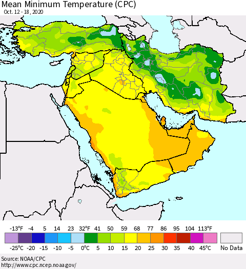 Middle East and Turkey Mean Minimum Temperature (CPC) Thematic Map For 10/12/2020 - 10/18/2020