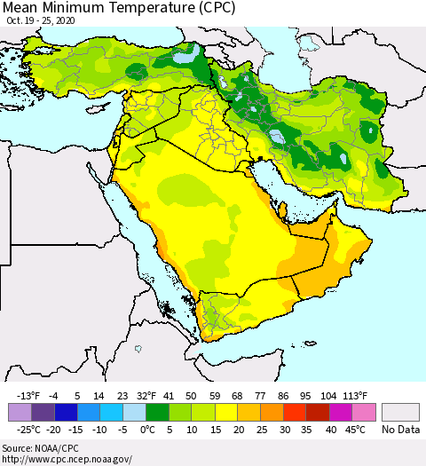 Middle East and Turkey Mean Minimum Temperature (CPC) Thematic Map For 10/19/2020 - 10/25/2020