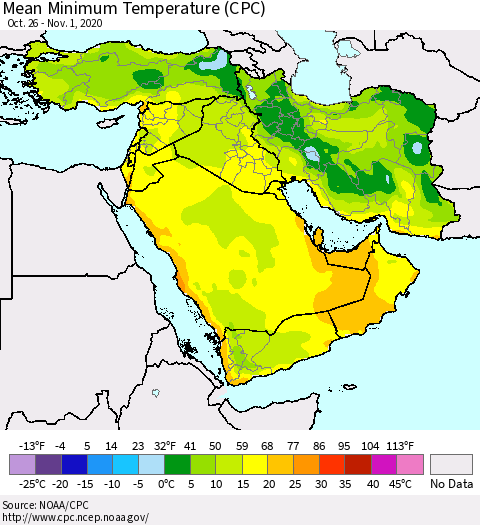 Middle East and Turkey Mean Minimum Temperature (CPC) Thematic Map For 10/26/2020 - 11/1/2020