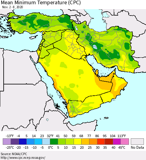 Middle East and Turkey Mean Minimum Temperature (CPC) Thematic Map For 11/2/2020 - 11/8/2020