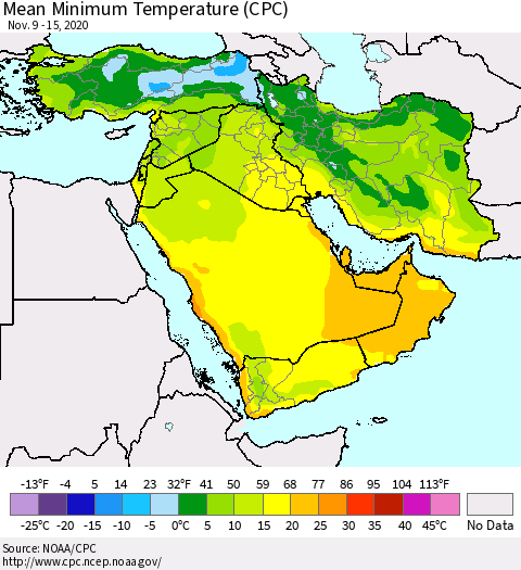 Middle East and Turkey Mean Minimum Temperature (CPC) Thematic Map For 11/9/2020 - 11/15/2020