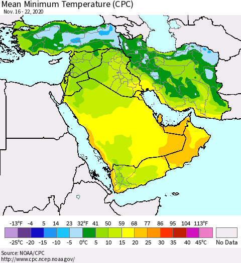Middle East and Turkey Mean Minimum Temperature (CPC) Thematic Map For 11/16/2020 - 11/22/2020