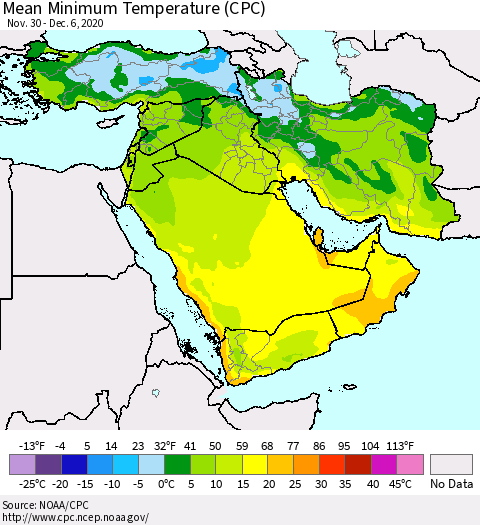 Middle East and Turkey Mean Minimum Temperature (CPC) Thematic Map For 11/30/2020 - 12/6/2020