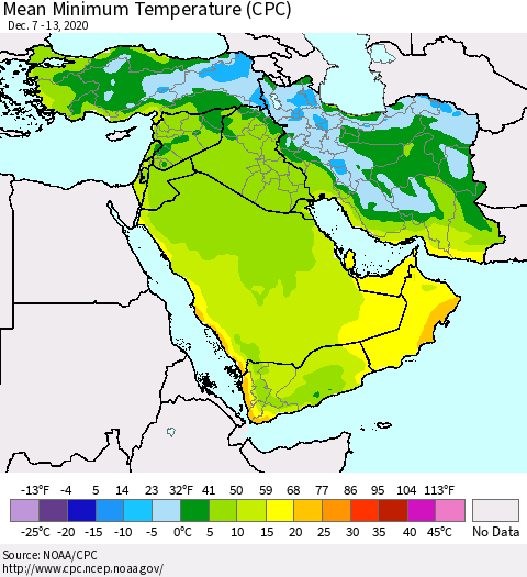 Middle East and Turkey Mean Minimum Temperature (CPC) Thematic Map For 12/7/2020 - 12/13/2020