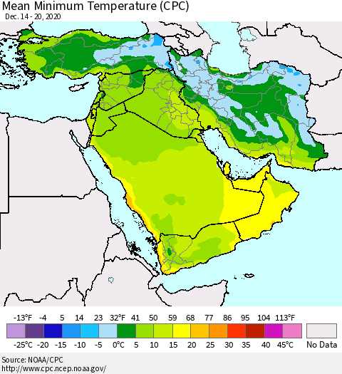 Middle East and Turkey Mean Minimum Temperature (CPC) Thematic Map For 12/14/2020 - 12/20/2020