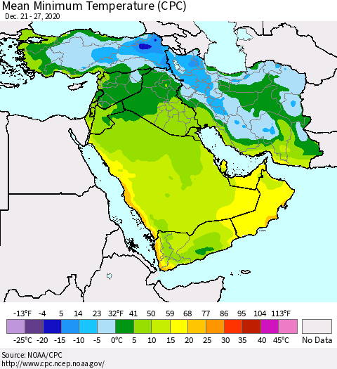 Middle East and Turkey Mean Minimum Temperature (CPC) Thematic Map For 12/21/2020 - 12/27/2020