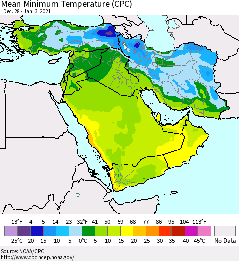 Middle East and Turkey Mean Minimum Temperature (CPC) Thematic Map For 12/28/2020 - 1/3/2021