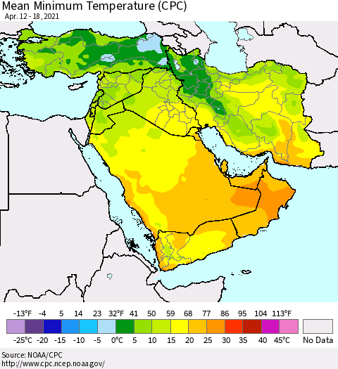 Middle East and Turkey Mean Minimum Temperature (CPC) Thematic Map For 4/12/2021 - 4/18/2021