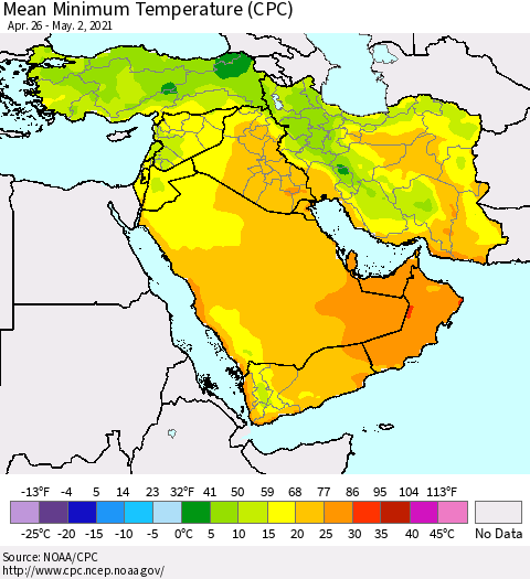 Middle East and Turkey Mean Minimum Temperature (CPC) Thematic Map For 4/26/2021 - 5/2/2021