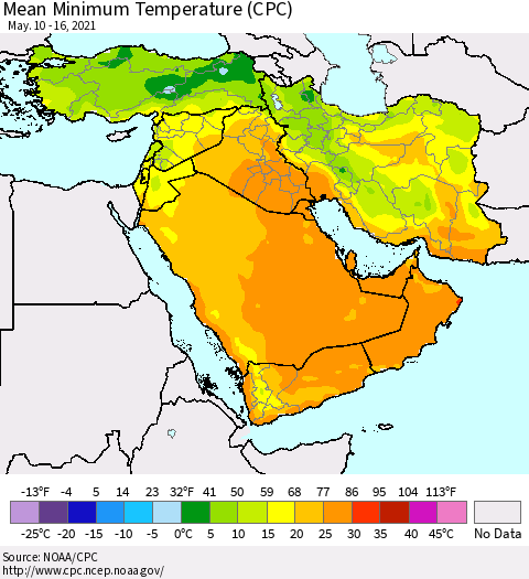 Middle East and Turkey Mean Minimum Temperature (CPC) Thematic Map For 5/10/2021 - 5/16/2021