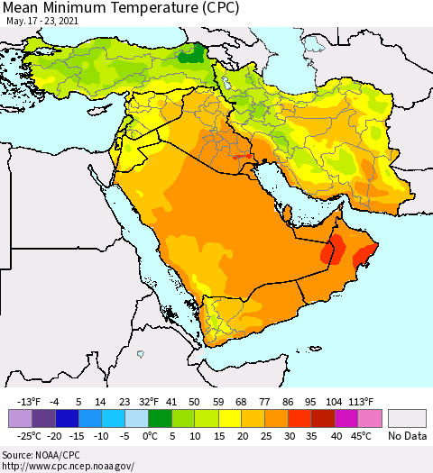 Middle East and Turkey Mean Minimum Temperature (CPC) Thematic Map For 5/17/2021 - 5/23/2021