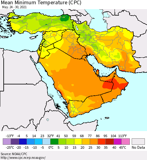 Middle East and Turkey Mean Minimum Temperature (CPC) Thematic Map For 5/24/2021 - 5/30/2021