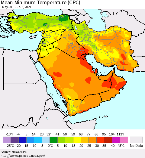 Middle East and Turkey Mean Minimum Temperature (CPC) Thematic Map For 5/31/2021 - 6/6/2021