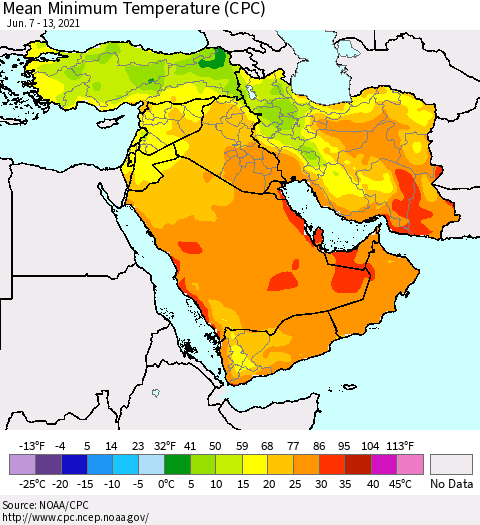 Middle East and Turkey Mean Minimum Temperature (CPC) Thematic Map For 6/7/2021 - 6/13/2021