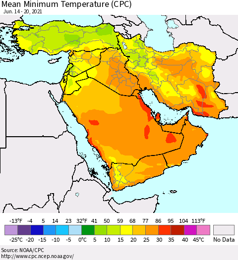 Middle East and Turkey Mean Minimum Temperature (CPC) Thematic Map For 6/14/2021 - 6/20/2021
