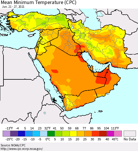 Middle East and Turkey Mean Minimum Temperature (CPC) Thematic Map For 6/21/2021 - 6/27/2021