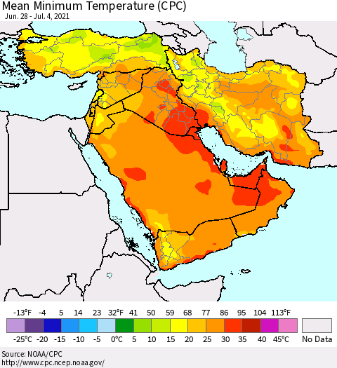 Middle East and Turkey Mean Minimum Temperature (CPC) Thematic Map For 6/28/2021 - 7/4/2021
