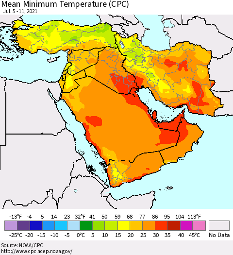 Middle East and Turkey Mean Minimum Temperature (CPC) Thematic Map For 7/5/2021 - 7/11/2021