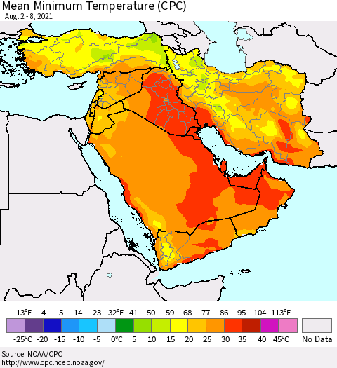 Middle East and Turkey Mean Minimum Temperature (CPC) Thematic Map For 8/2/2021 - 8/8/2021