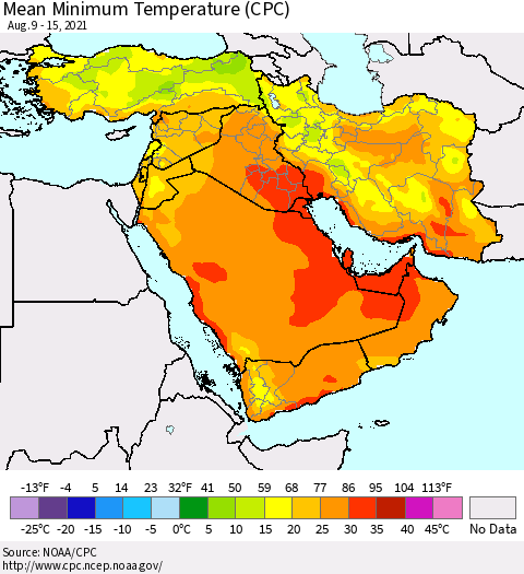 Middle East and Turkey Mean Minimum Temperature (CPC) Thematic Map For 8/9/2021 - 8/15/2021