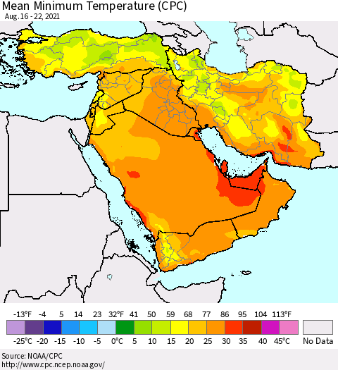 Middle East and Turkey Mean Minimum Temperature (CPC) Thematic Map For 8/16/2021 - 8/22/2021