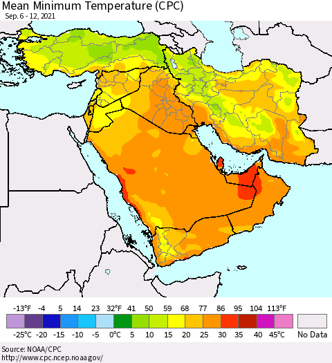 Middle East and Turkey Mean Minimum Temperature (CPC) Thematic Map For 9/6/2021 - 9/12/2021