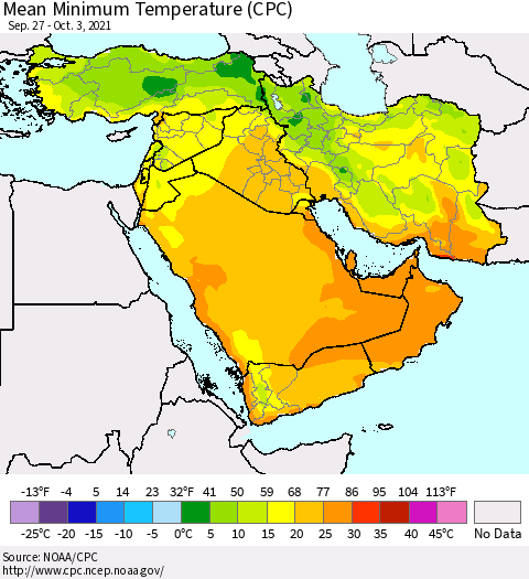 Middle East and Turkey Mean Minimum Temperature (CPC) Thematic Map For 9/27/2021 - 10/3/2021