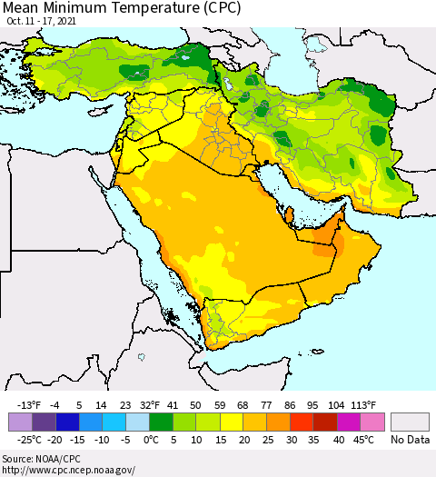 Middle East and Turkey Mean Minimum Temperature (CPC) Thematic Map For 10/11/2021 - 10/17/2021