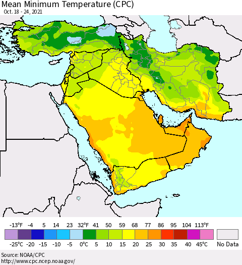 Middle East and Turkey Mean Minimum Temperature (CPC) Thematic Map For 10/18/2021 - 10/24/2021