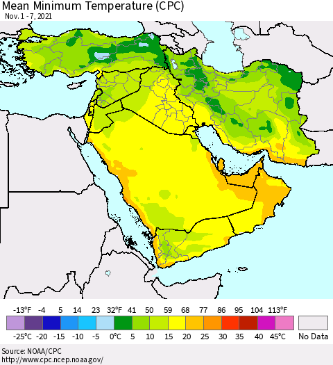Middle East and Turkey Mean Minimum Temperature (CPC) Thematic Map For 11/1/2021 - 11/7/2021