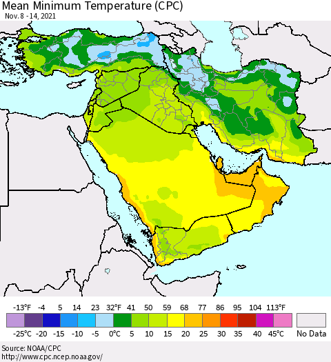 Middle East and Turkey Mean Minimum Temperature (CPC) Thematic Map For 11/8/2021 - 11/14/2021