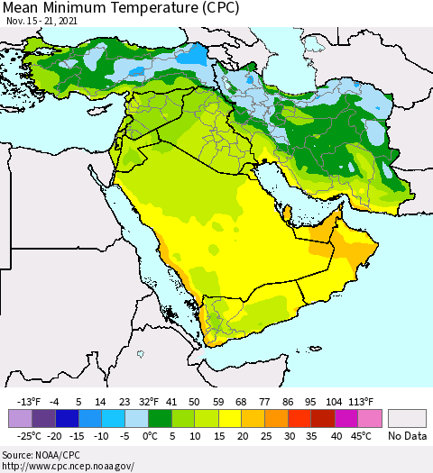 Middle East and Turkey Mean Minimum Temperature (CPC) Thematic Map For 11/15/2021 - 11/21/2021