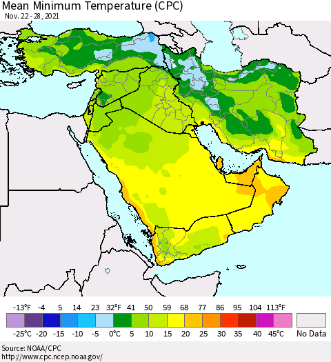 Middle East and Turkey Mean Minimum Temperature (CPC) Thematic Map For 11/22/2021 - 11/28/2021