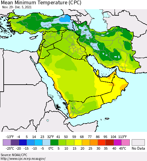Middle East and Turkey Mean Minimum Temperature (CPC) Thematic Map For 11/29/2021 - 12/5/2021