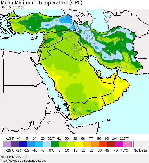 Middle East and Turkey Mean Minimum Temperature (CPC) Thematic Map For 12/6/2021 - 12/12/2021
