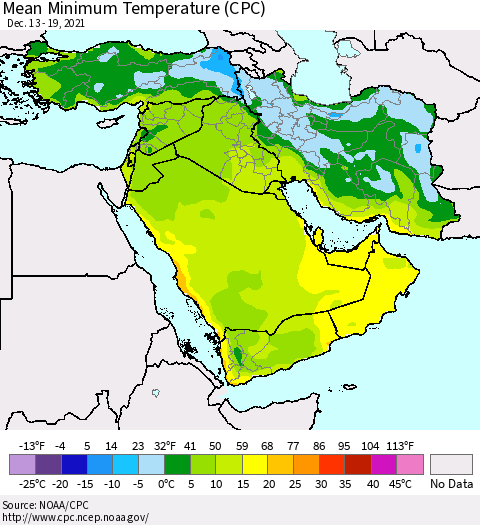 Middle East and Turkey Mean Minimum Temperature (CPC) Thematic Map For 12/13/2021 - 12/19/2021