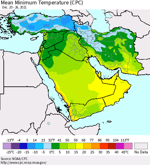 Middle East and Turkey Mean Minimum Temperature (CPC) Thematic Map For 12/20/2021 - 12/26/2021