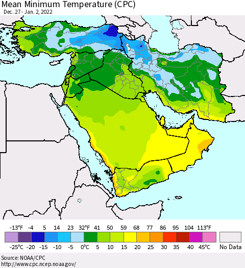 Middle East and Turkey Mean Minimum Temperature (CPC) Thematic Map For 12/27/2021 - 1/2/2022