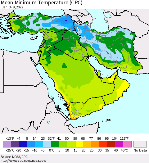 Middle East and Turkey Mean Minimum Temperature (CPC) Thematic Map For 1/3/2022 - 1/9/2022
